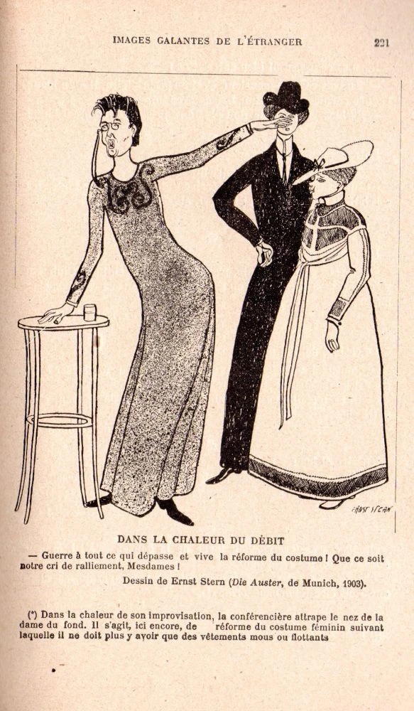 caricature, depicting the woman wearing a reformed dress as a masculine women's libber, note the short hair cut, from "Die Auster", munich 1903 as printed in: J. Grand-Carteret: Images Galanted et Esprit de l'étranger, Paris (no date given)
