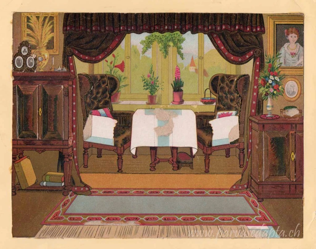 You see a footstool next to the wingbacked chair on the right Early 20th century 3D-image (damaged, armrests, tablecloth and sewing box on the far right were glued onto the image to create a three dimensional effect. The cabinet doors can be opened